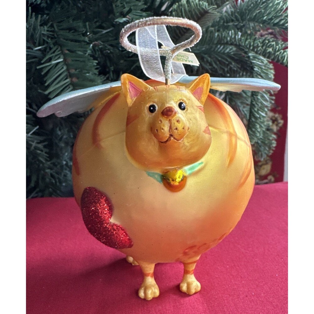 Whimsical Gold Fat Orange Cat Christmas Angel Ornament Chonky Kitty Glitter
